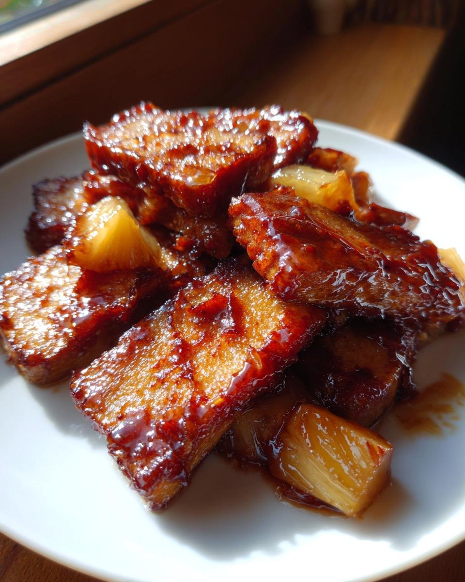 Nahaufnahme von glasierten, gebratenen Spam-Rezepten mit Ananasst&uuml;cken auf einem wei&szlig;en Teller.