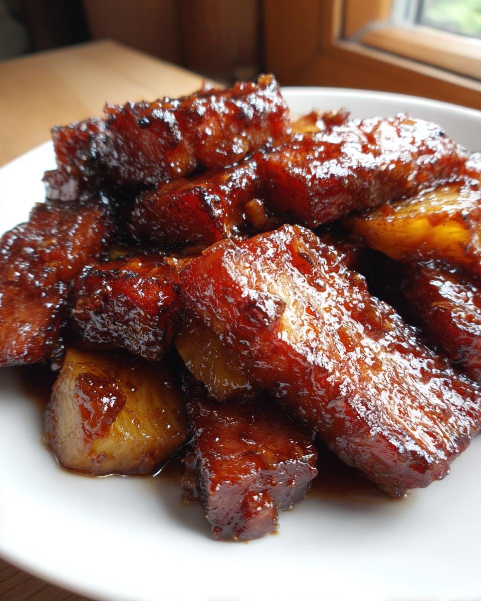 Nahaufnahme von glasierten, karamellisierten Spam W&uuml;rfeln, wahrscheinlich mit Ananasst&uuml;cken, serviert auf einem wei&szlig;en Teller.