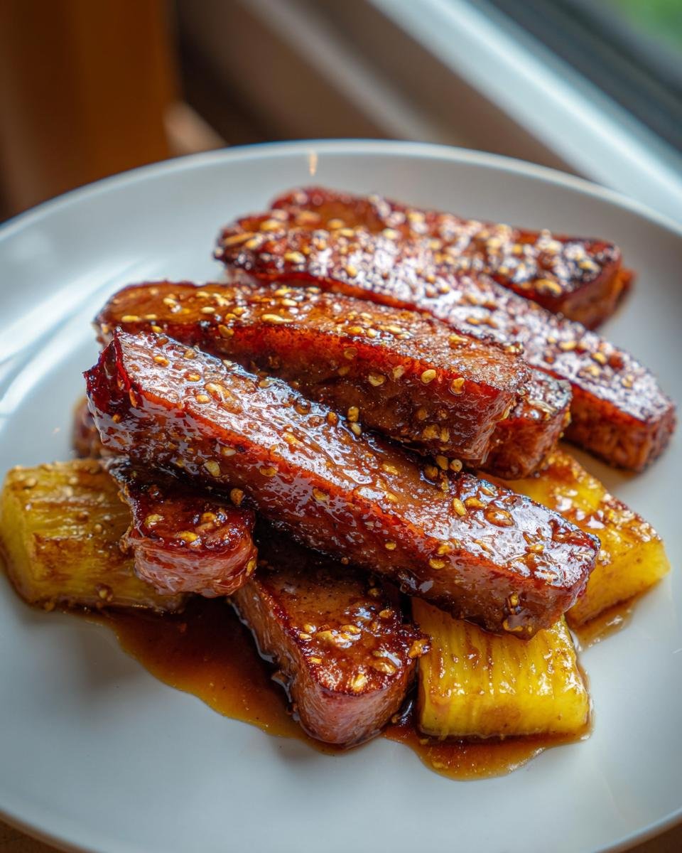 Nahaufnahme von glasierten, karamellisierten Spam-Sticks, bestreut mit Sesam, serviert auf Ananasst&uuml;cken. Tolles Beispiel f&uuml;r Spam Recipes.