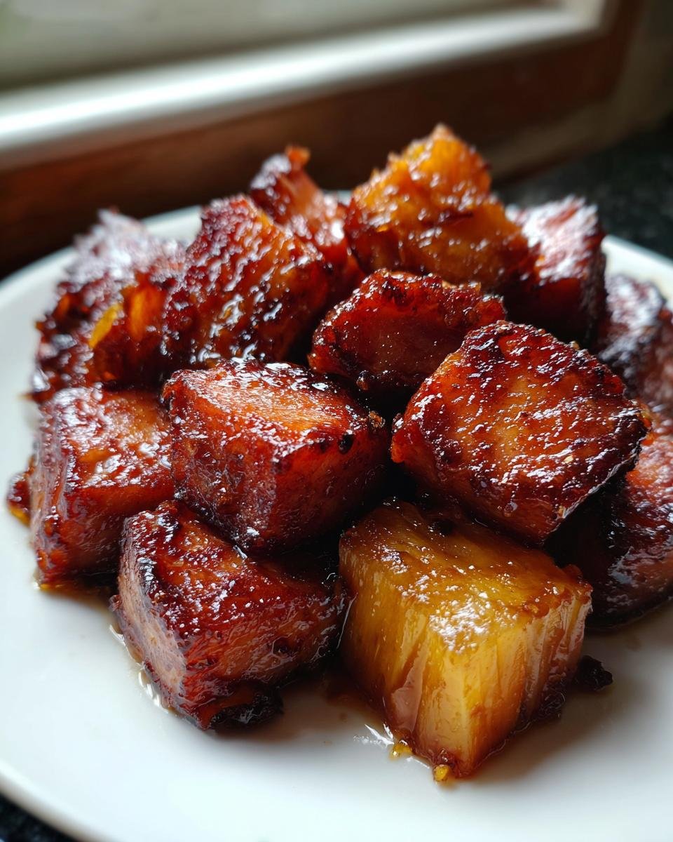 Nahaufnahme von karamellisierten, glasierten W&uuml;rfeln, wahrscheinlich Spam Recipes, auf einem wei&szlig;en Teller.