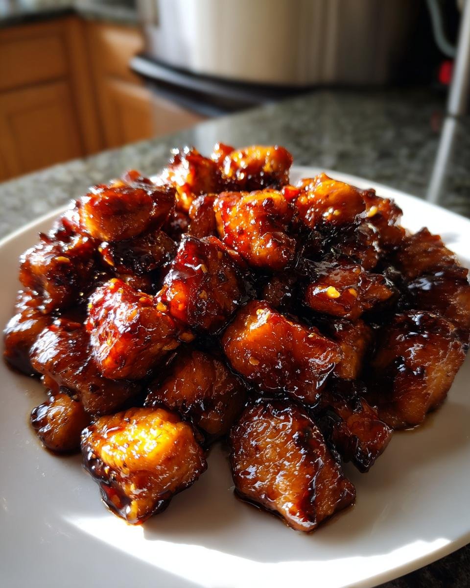 Nahaufnahme von saftigen, glasierten St&uuml;cken Bourbon Chicken auf einem wei&szlig;en Teller.