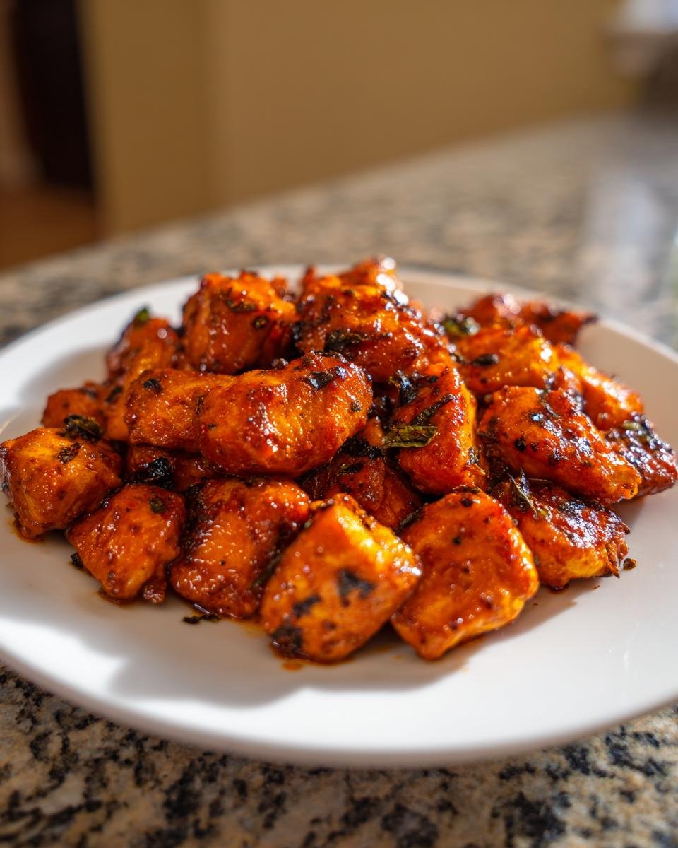 Nahaufnahme von saftigen, glasierten St&uuml;cken Chipotle Chicken auf einem wei&szlig;en Teller.