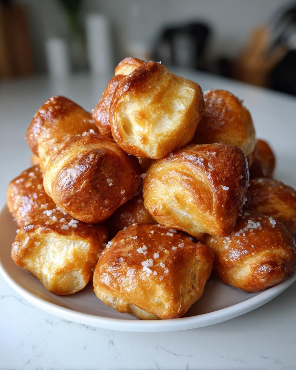 Ein Haufen goldbrauner, gl&auml;nzender Soft Pretzel Bites, bestreut mit grobem Salz, auf einem wei&szlig;en Teller.
