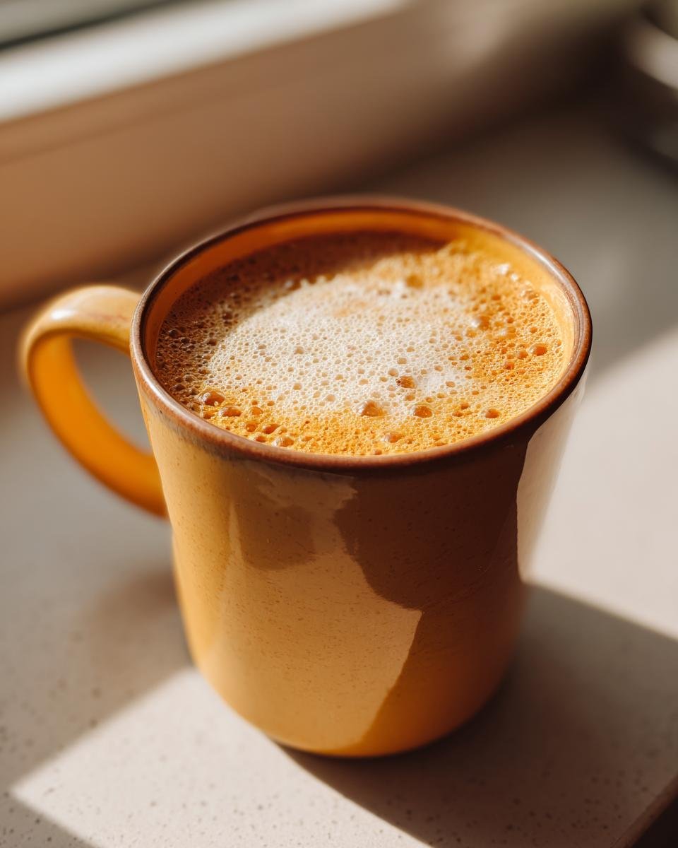 Nahaufnahme einer schaumigen Golden Milk Latte in einer leuchtend gelben Tasse, beleuchtet von hellem Sonnenlicht.
