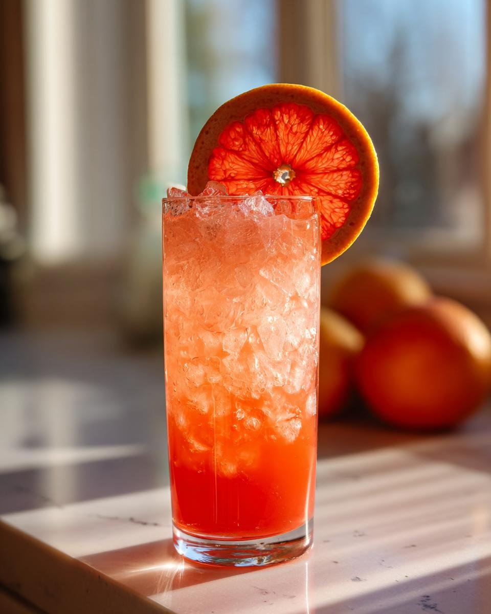 Ein hohes Glas mit einem leuchtend roten Grapefruit Aperol Spritz Mocktail, gef&uuml;llt mit Crushed Ice und garniert mit einer Grapefruit-Scheibe.