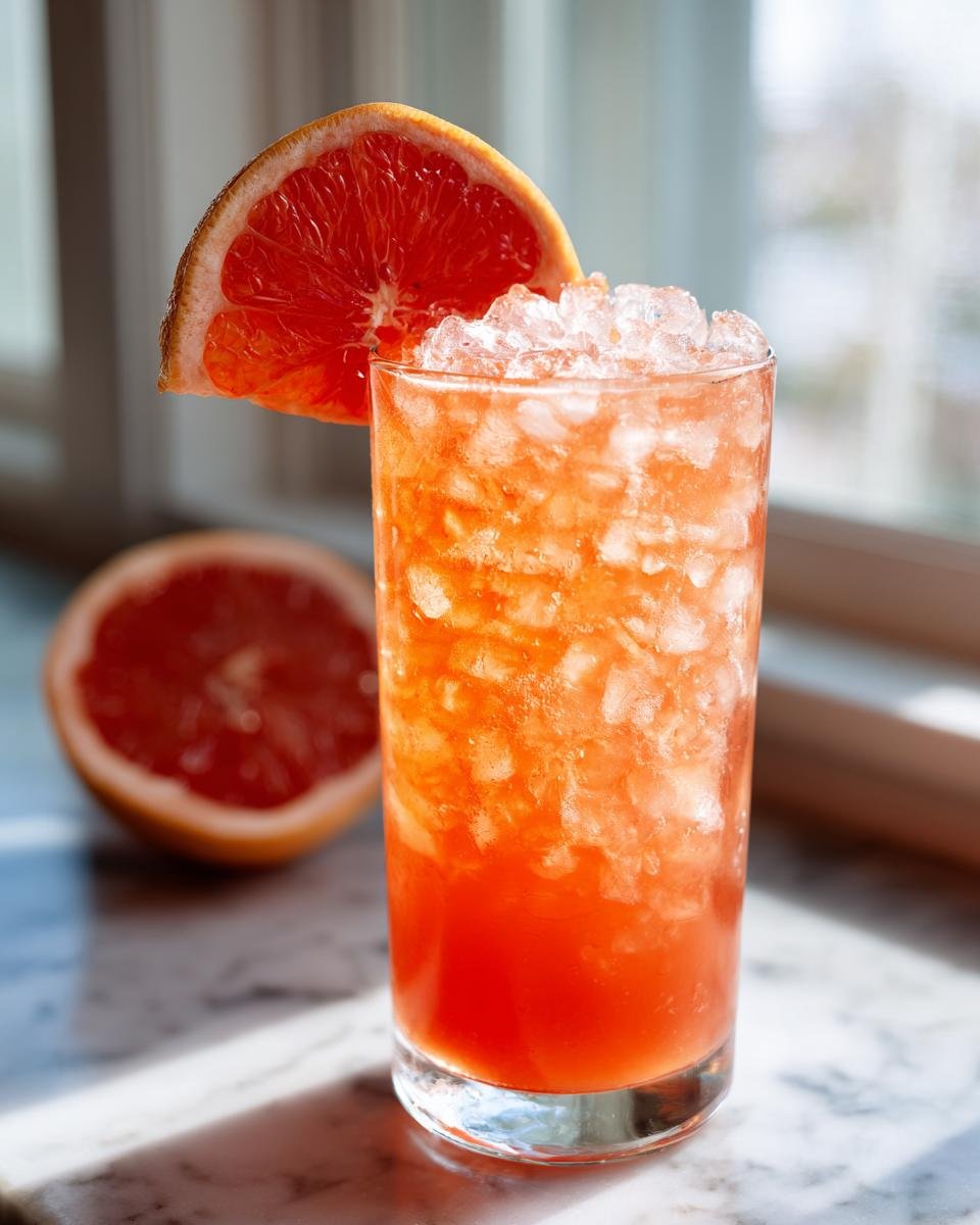 Nahaufnahme eines Grapefruit Aperol Spritz Mocktail mit zersto&szlig;enem Eis und einer Grapefruit-Scheibe als Garnitur.