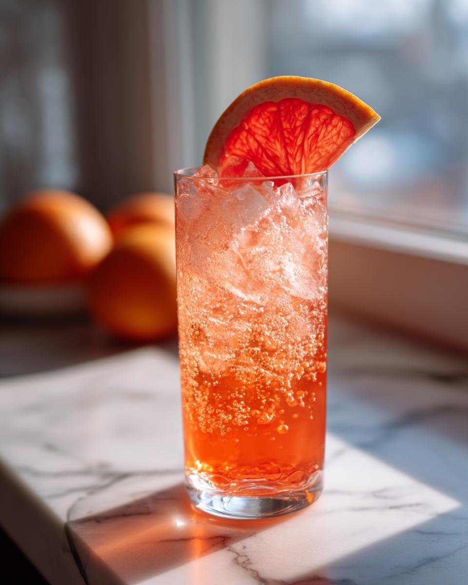 Ein k&uuml;hler Grapefruit Aperol Spritz Mocktail mit viel Eis und einer Grapefruit-Scheibe als Garnitur.