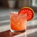 Nahaufnahme eines erfrischenden Grapefruit Rum Cocktail mit Eisw&uuml;rfeln und einer Scheibe Blutorange als Garnitur.
