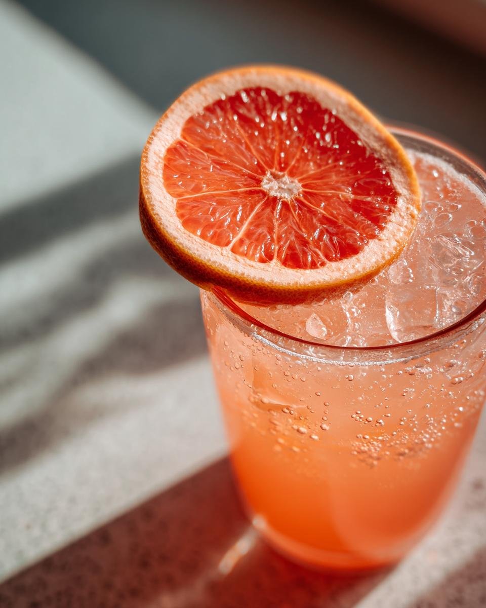 Nahaufnahme eines kohlens&auml;urehaltigen Grapefruit Rum Cocktail mit Eisw&uuml;rfeln und einer getrockneten Grapefruit-Scheibe als Garnitur.