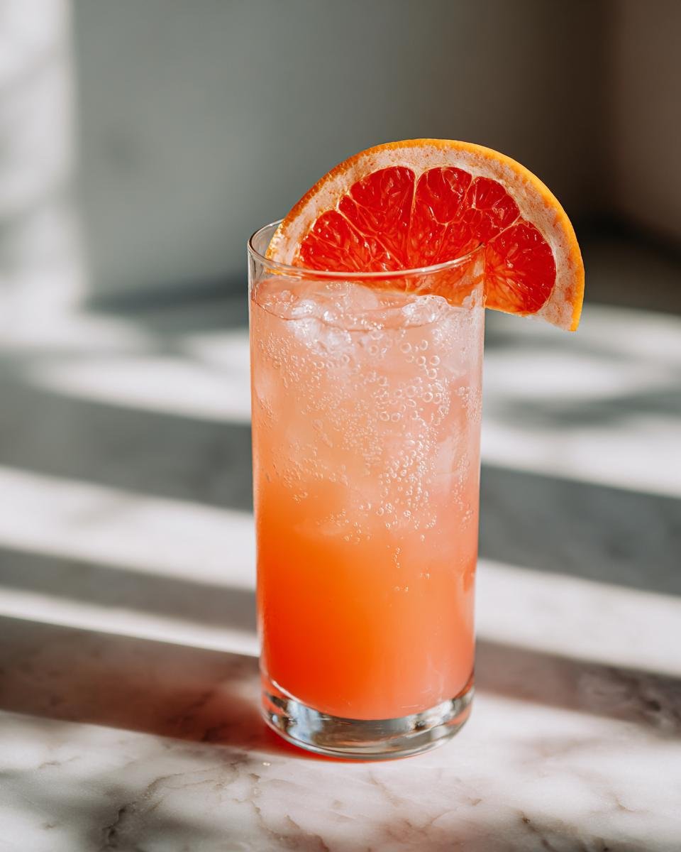 Ein hoher Glas mit einem leuchtend rosa Grapefruit Rum Cocktail, gef&uuml;llt mit Eis und garniert mit einer Grapefruit-Scheibe.
