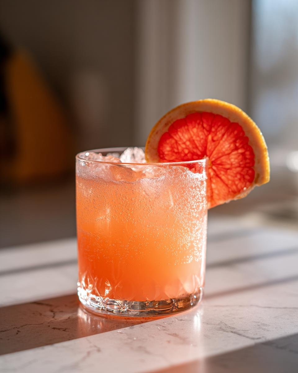 Nahaufnahme eines erfrischenden Grapefruit Rum Cocktail mit Eisw&uuml;rfeln und einer Scheibe rosa Grapefruit.