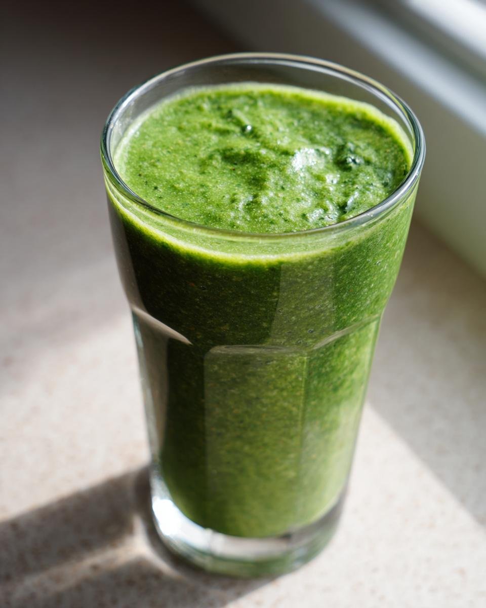 Nahaufnahme eines hohen Glases mit einem leuchtend gr&uuml;nen Green Kale Smoothie, das im Sonnenlicht steht.