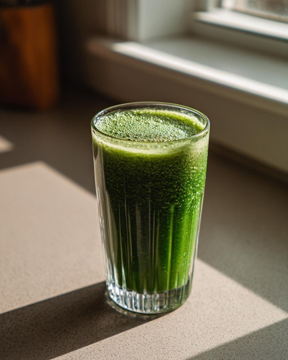 Ein hohes Glas mit einem leuchtend gr&uuml;nen Green Kale Smoothie, der auf einer hellen Arbeitsplatte steht.