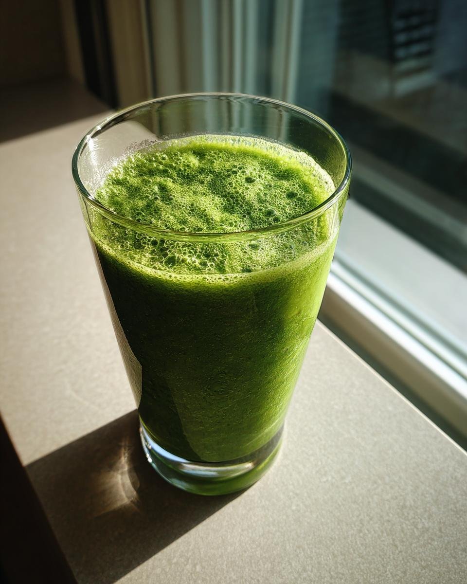 Ein Glas mit einem leuchtend gr&uuml;nen Green Kale Smoothie, der im Sonnenlicht auf einer Fensterbank steht.