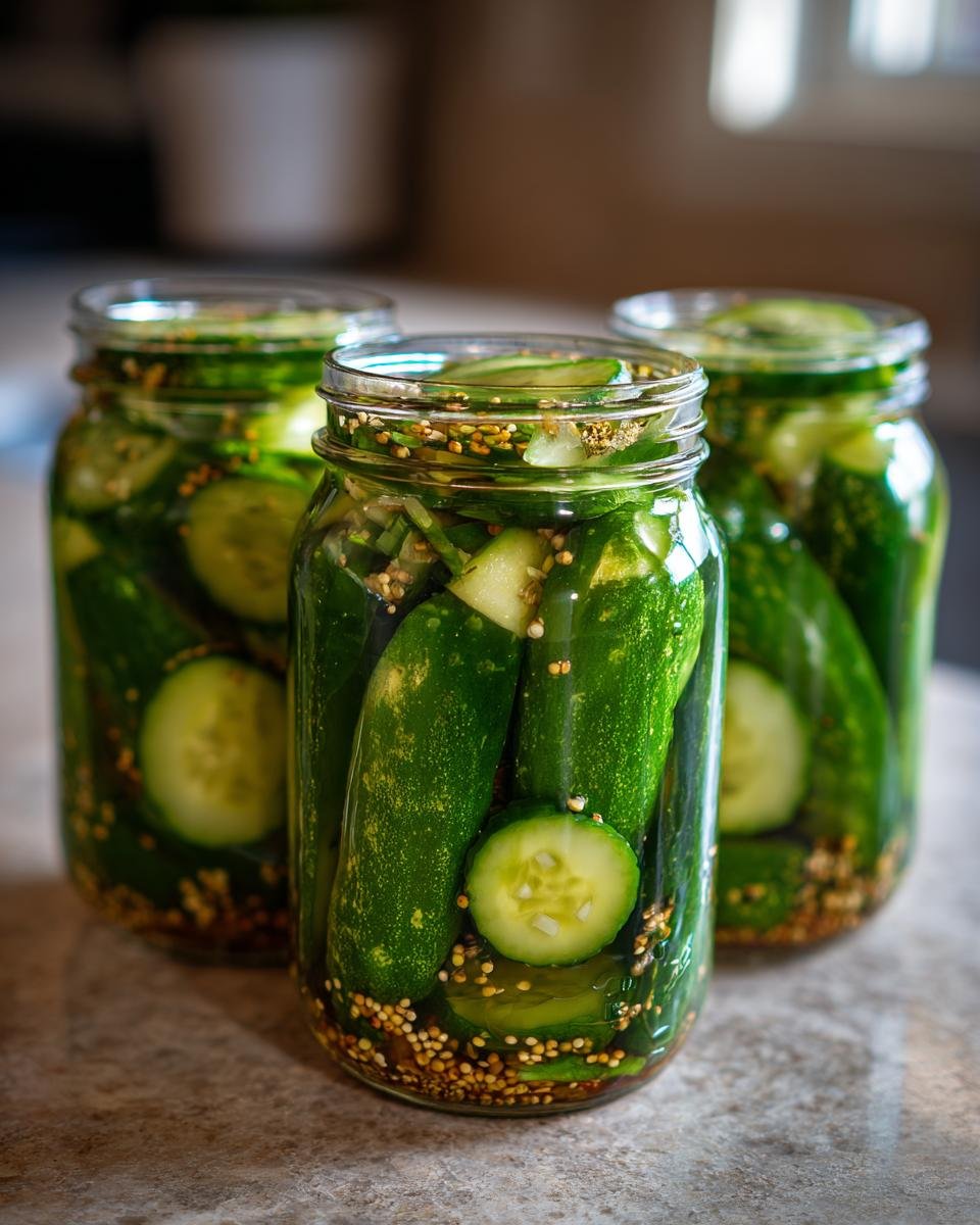 Drei Gl&auml;ser mit frischen Gurken und Senfk&ouml;rnern, bereit f&uuml;r Pickled Recipes.