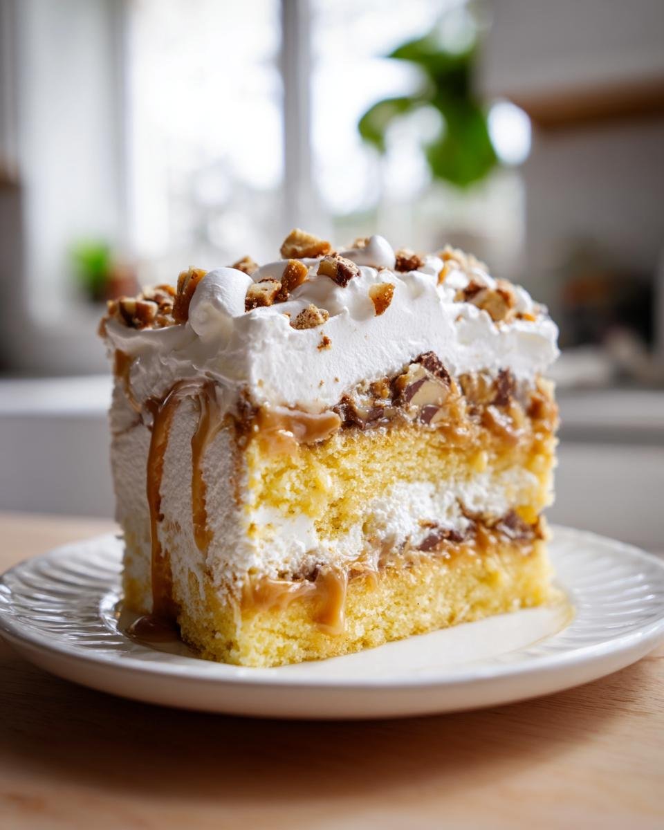 Ein saftiges St&uuml;ck Heath Bar Cake mit Schichten aus hellem Kuchen, Sahne, Karamell und gehackten Toppings.