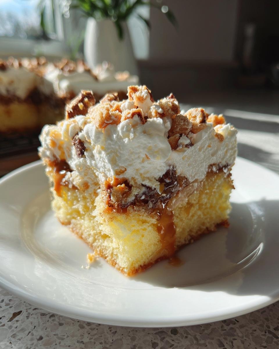 Ein St&uuml;ck saftiger Heath Bar Cake auf einem wei&szlig;en Teller mit Schlagsahne und karamellisierten Toppings.