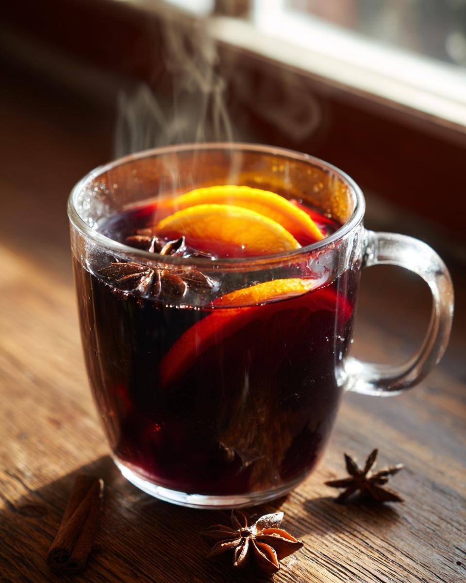 Eine dampfende Tasse hei&szlig;er Mulled Wine mit Orangenscheiben und Sternanis auf Holz.