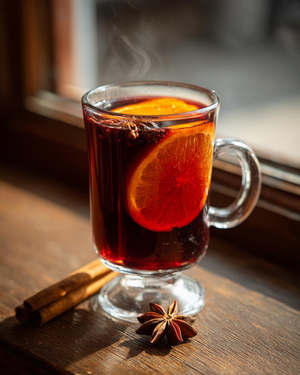 Dampfender Becher mit rotem Mulled Wine, garniert mit einer Orangenscheibe, Zimtstangen und Sternanis.