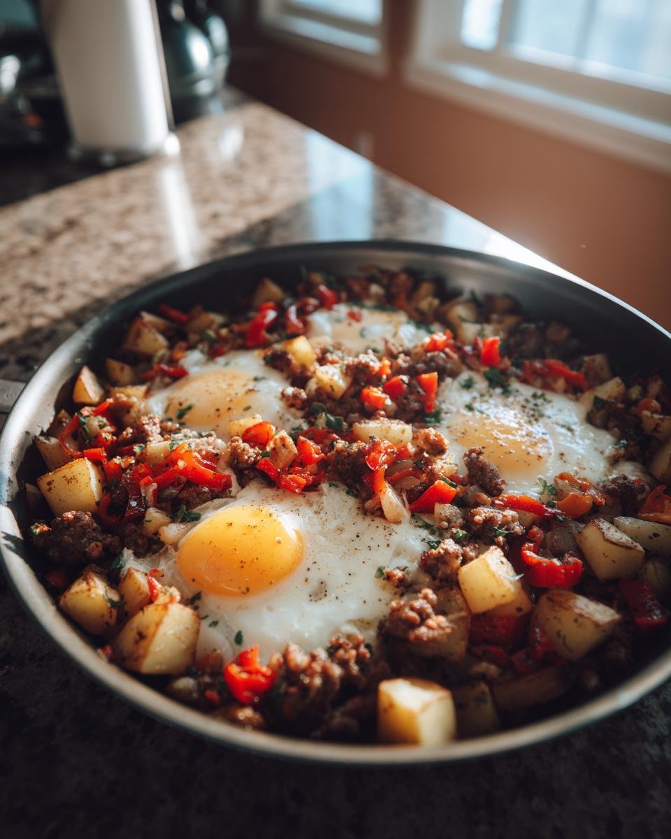 Eine herzhafte Fr&uuml;hst&uuml;ckspfanne mit Spiegeleiern, Hackfleisch, Kartoffeln und Paprika &ndash; eines der besten Breakfast Skillet Recipes.