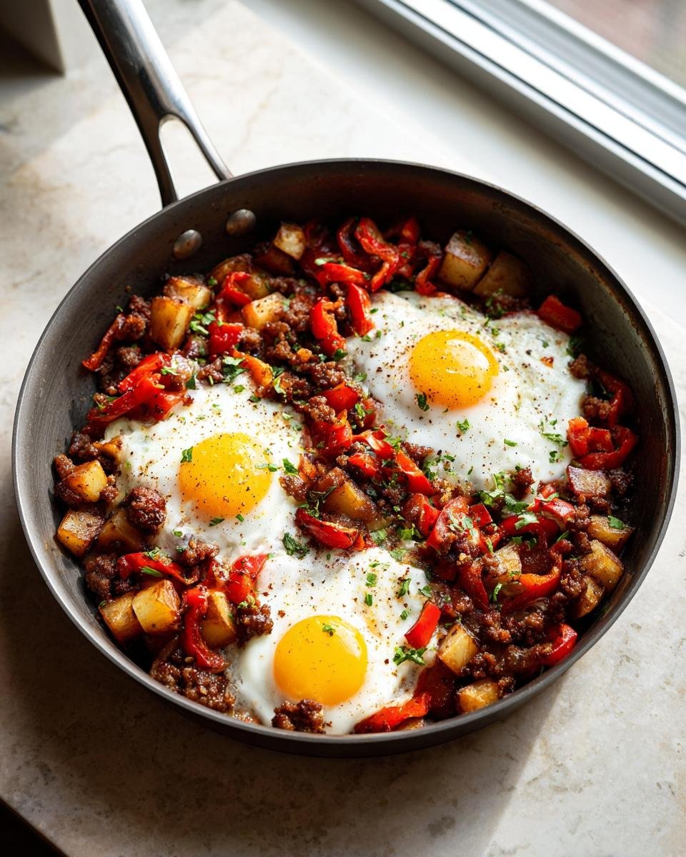 Drei Spiegeleier in einer Pfanne mit Hackfleisch, Kartoffeln und roten Paprika &ndash; eines der besten Breakfast Skillet Recipes.