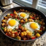 Drei Spiegeleier in einer Pfanne mit Bratkartoffeln, Chorizo und Paprika &ndash; eines der besten Breakfast Skillet Recipes.