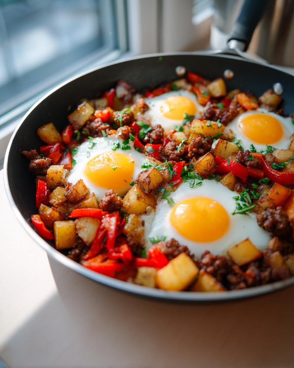 Vier Spiegeleier in einer Pfanne mit Kartoffeln, Wurst und Paprika, ein Beispiel f&uuml;r tolle Breakfast Skillet Recipes.