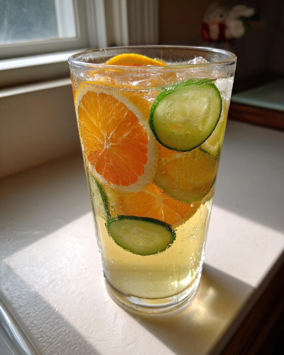Hohes Glas mit Honey Grapefruit Cucumber Tea, gef&uuml;llt mit Eisw&uuml;rfeln, Gurkenscheiben und Orangenscheiben.