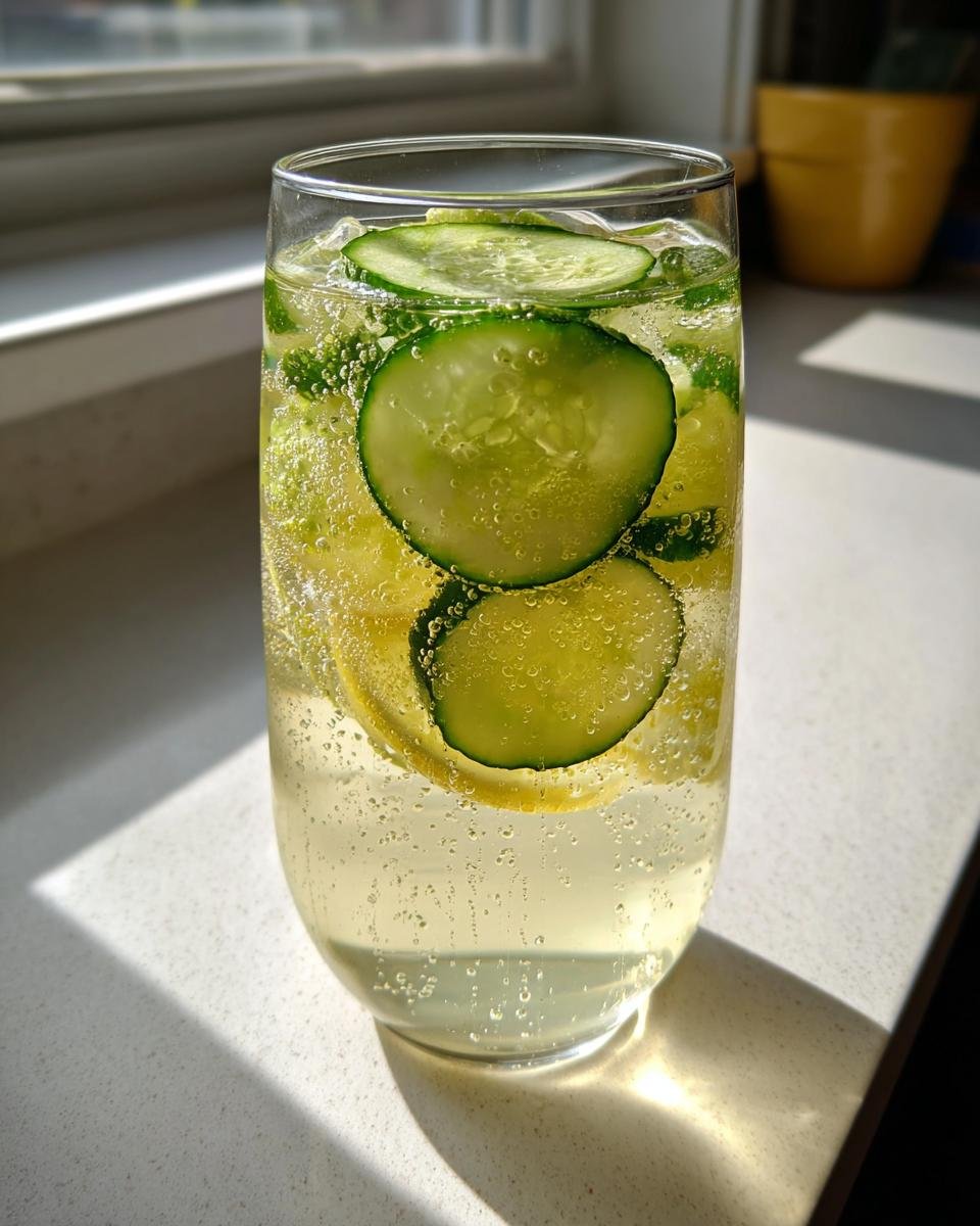 Ein hohes Glas mit sprudelndem Honey Grapefruit Cucumber Tea, gef&uuml;llt mit Gurkenscheiben und Zitronenscheiben.