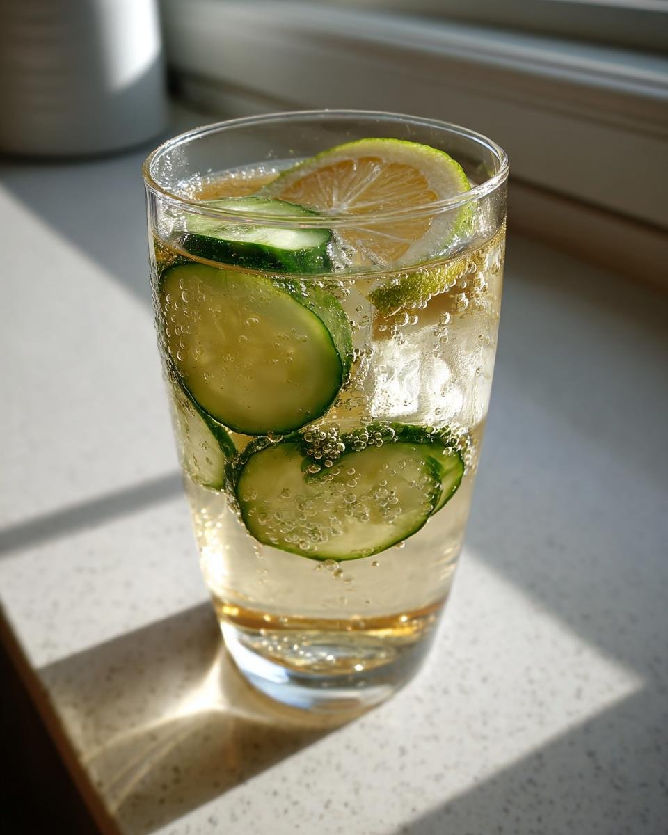 Ein Glas spritziges Honey Grapefruit Cucumber Tea mit Gurkenscheiben und Zitrusfrucht.