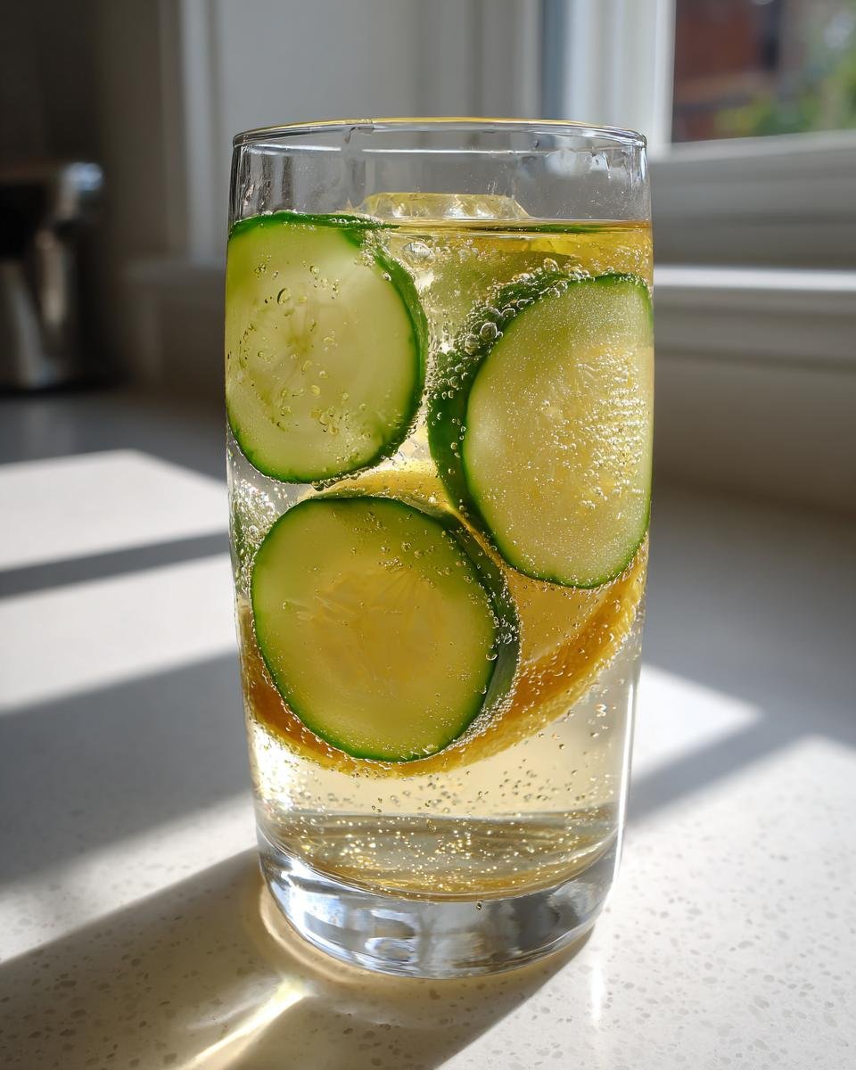 Nahaufnahme eines kohlens&auml;urehaltigen Honig Grapefruit Gurken Tee Getr&auml;nks mit Gurkenscheiben.