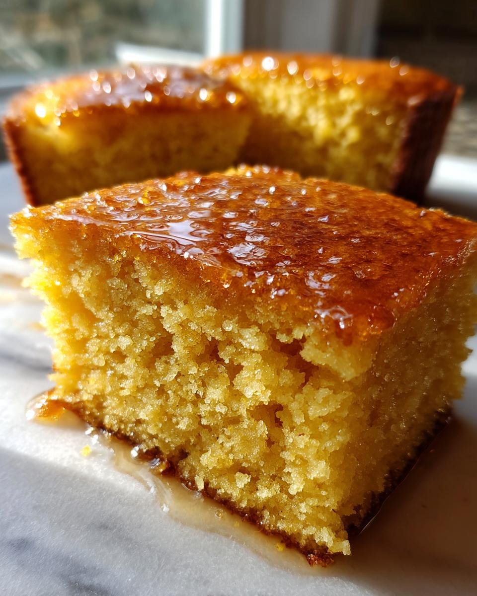 Nahaufnahme eines St&uuml;cks Hot Honey Southern Cornbread mit gl&auml;nzender Honigglasur.