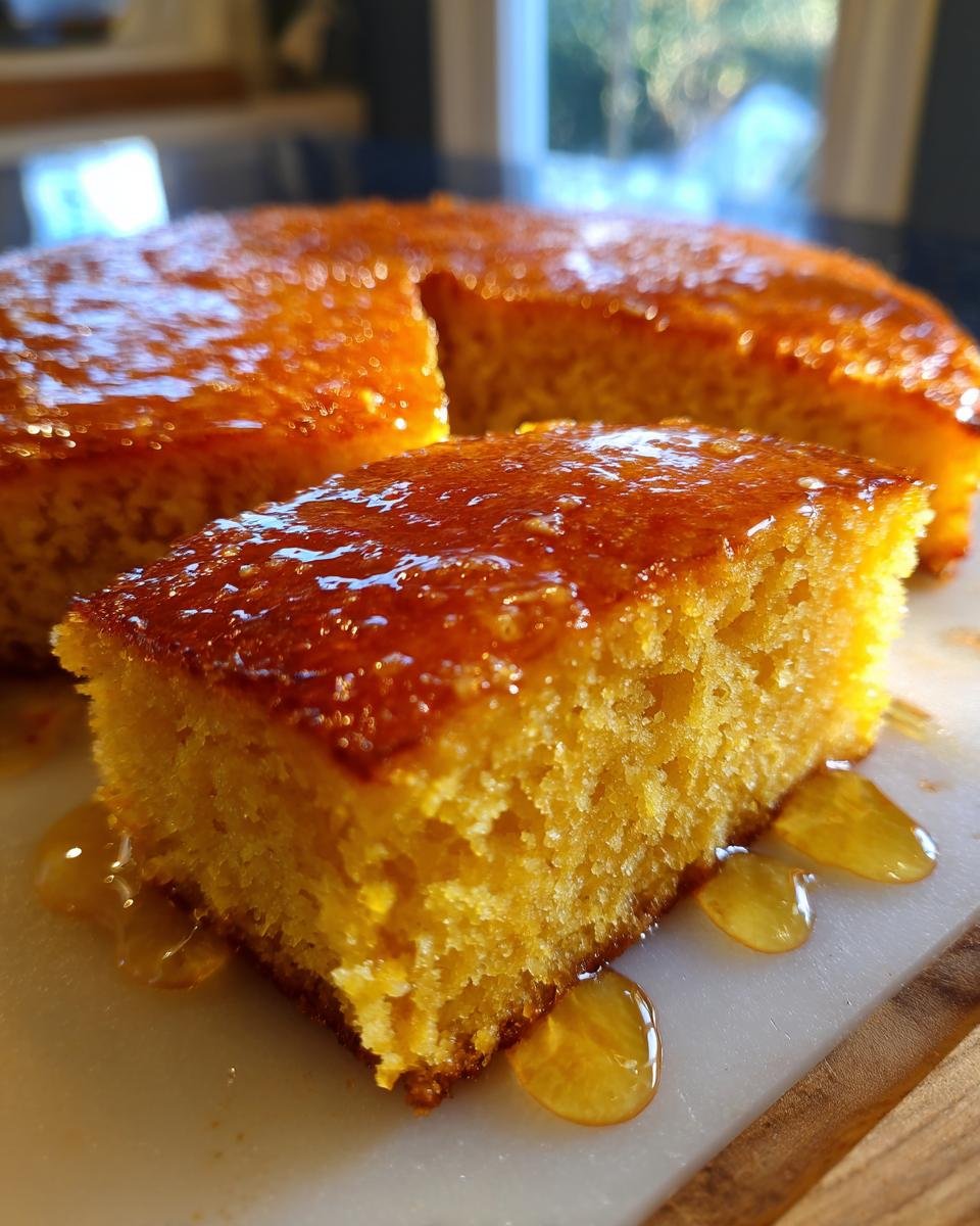Nahaufnahme eines St&uuml;cks Hot Honey Southern Cornbread, das mit einer gl&auml;nzenden Honigglasur &uuml;berzogen ist.