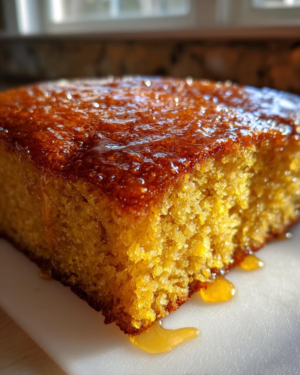 Nahaufnahme eines St&uuml;cks Hot Honey Southern Cornbread mit gl&auml;nzendem Honig-Topping.