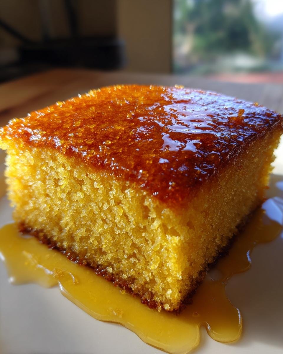 Nahaufnahme eines saftigen St&uuml;cks Hot Honey Southern Cornbread, bedeckt mit gl&auml;nzender Honigglasur.