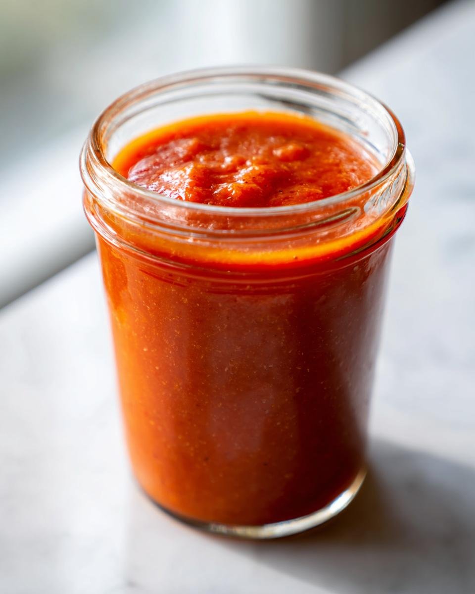 Nahaufnahme einer selbstgemachten, dickflüssigen, roten Hot Sauce in einem kleinen Glas.