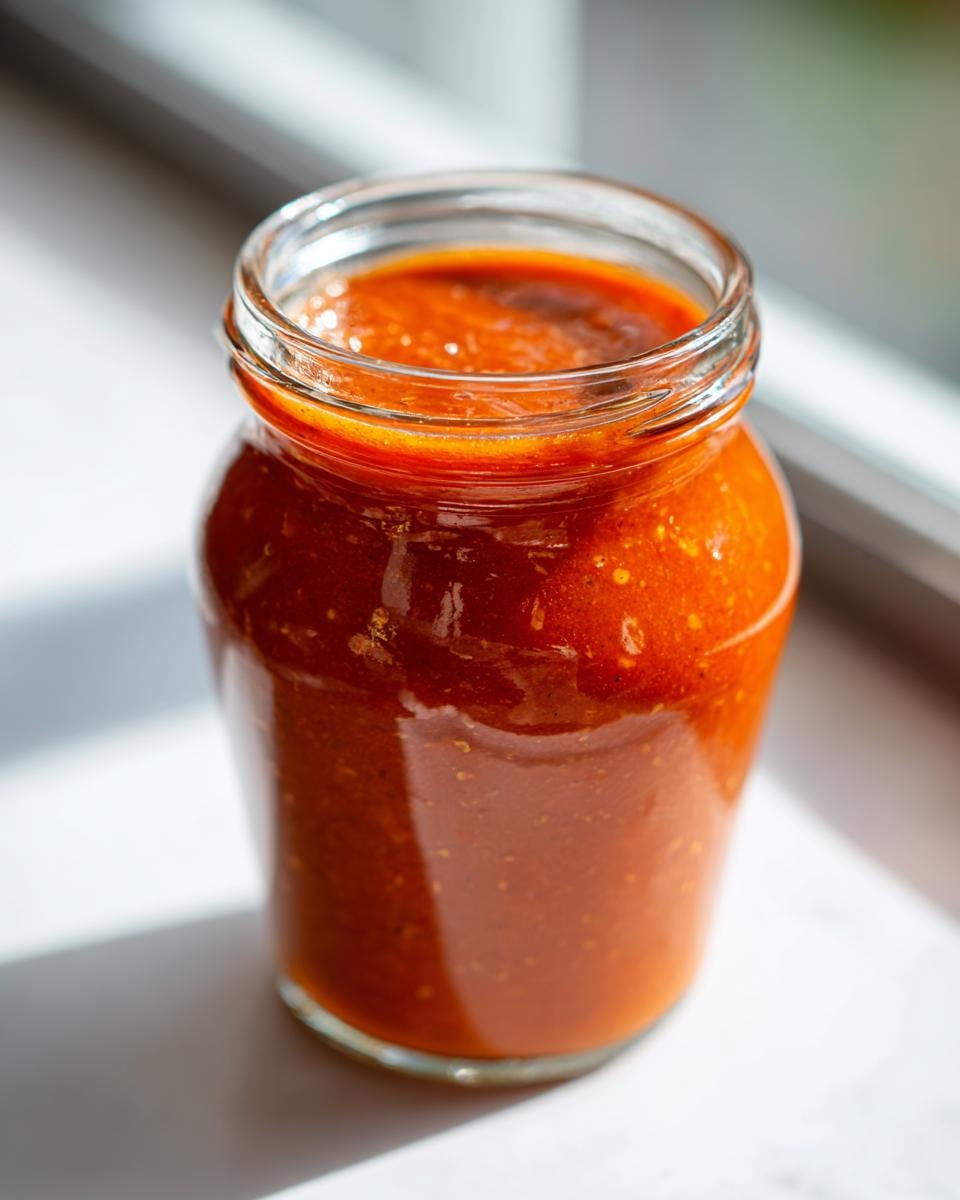 Nahaufnahme einer selbstgemachten, leuchtend roten Hot Sauce in einem kleinen Glas.