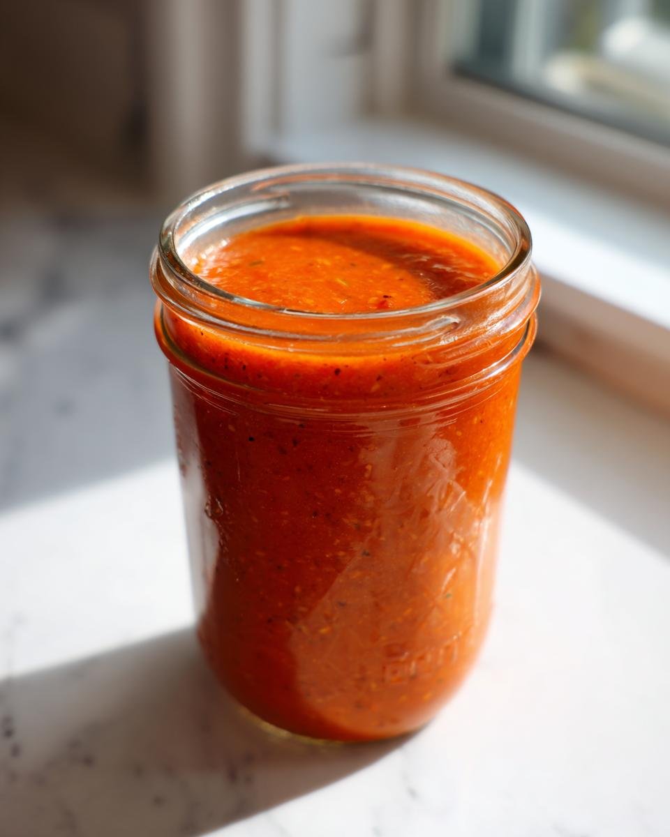Nahaufnahme einer leuchtend roten, pürierten Hot Sauce in einem Einmachglas, ideal für Hot Sauce Recipes.