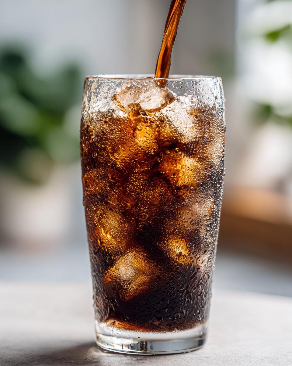 Dunkler Kaffee wird in ein Glas voller Eisw&uuml;rfel gegossen, um einen erfrischenden Iced Americano zuzubereiten.