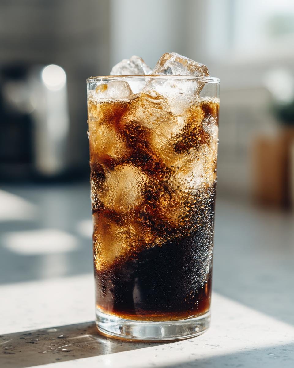 Nahaufnahme eines hohen Glases mit Iced Americano, gef&uuml;llt mit Eisw&uuml;rfeln und dunklem Kaffee.