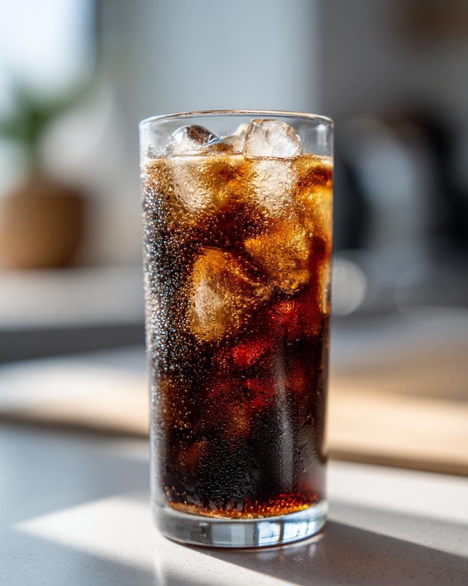 Nahaufnahme eines hohen Glases mit einem kohlens&auml;urehaltigen, dunklen Getr&auml;nk und viel Eis, das einen Iced Americano darstellt.