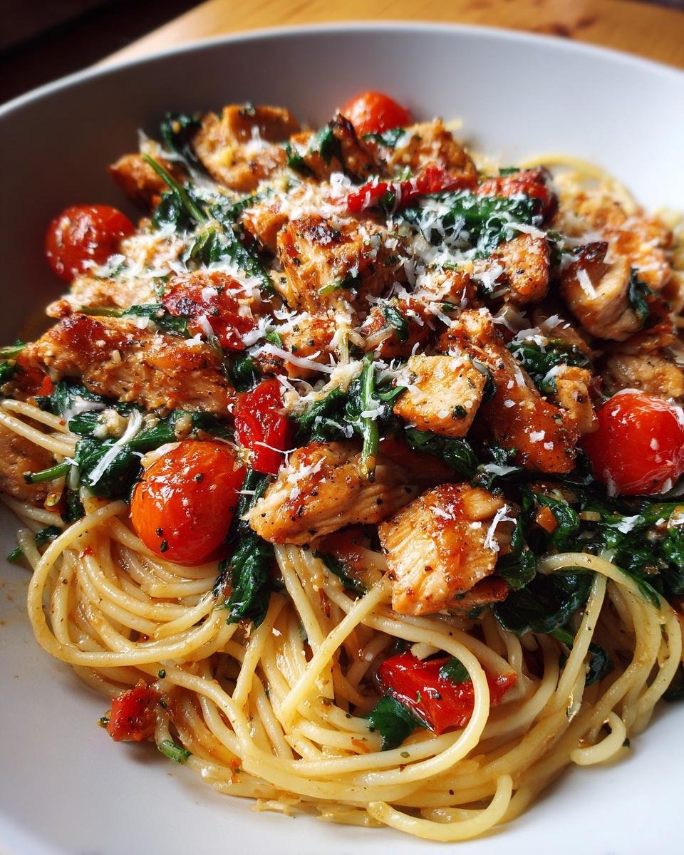 Nahaufnahme eines Italienisches Stir Fry mit Spaghetti, gebratenen H&auml;hnchenst&uuml;cken, Spinat und Kirschtomaten.