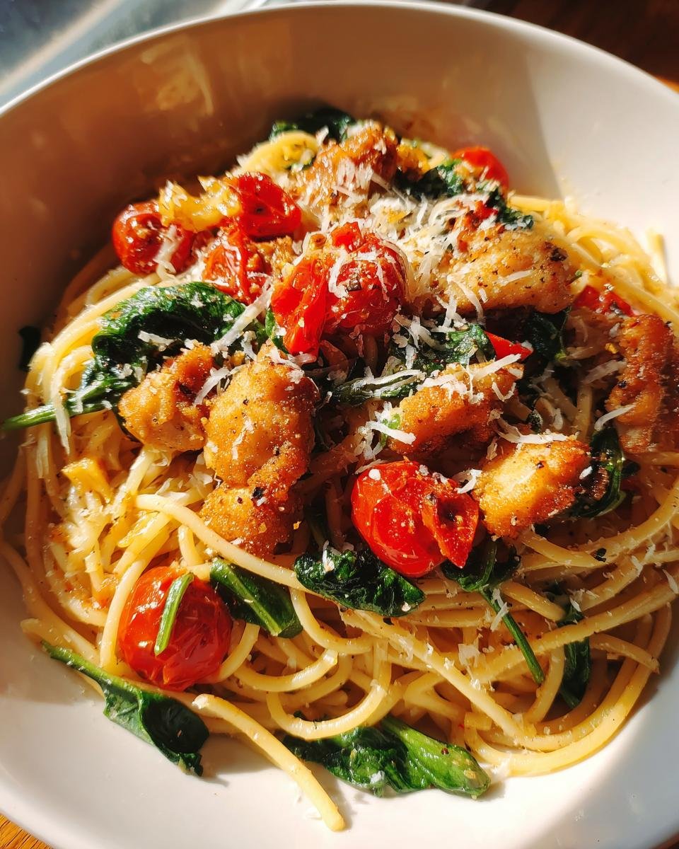 Nahaufnahme eines Italienisches Stir Fry mit Spaghetti, gebratenen H&auml;hnchenst&uuml;cken, Spinat und Kirschtomaten.