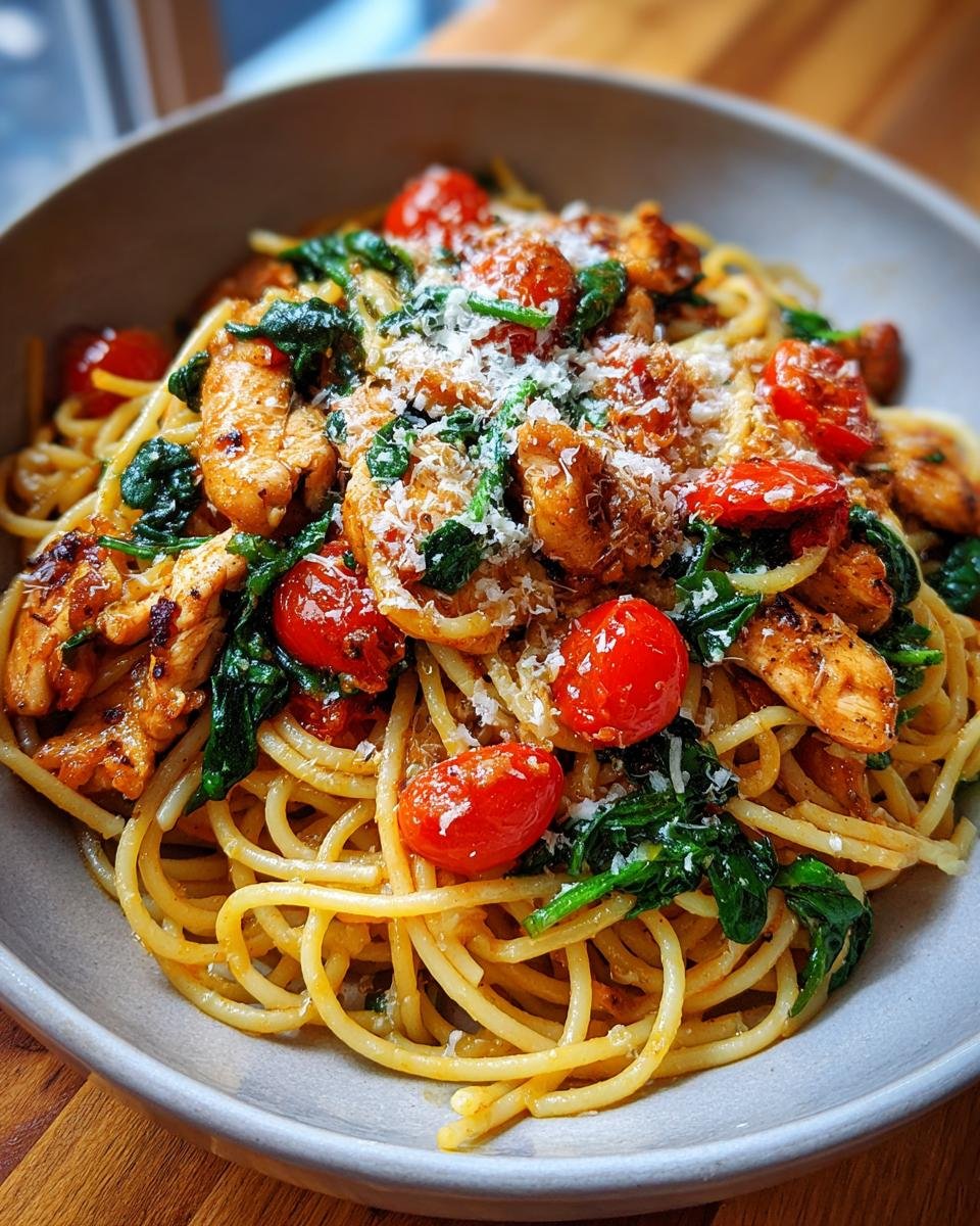 Nahaufnahme von Italienisches Stir Fry mit Spaghetti, gebratenem H&auml;hnchen, Spinat und Kirschtomaten, bestreut mit Parmesan.