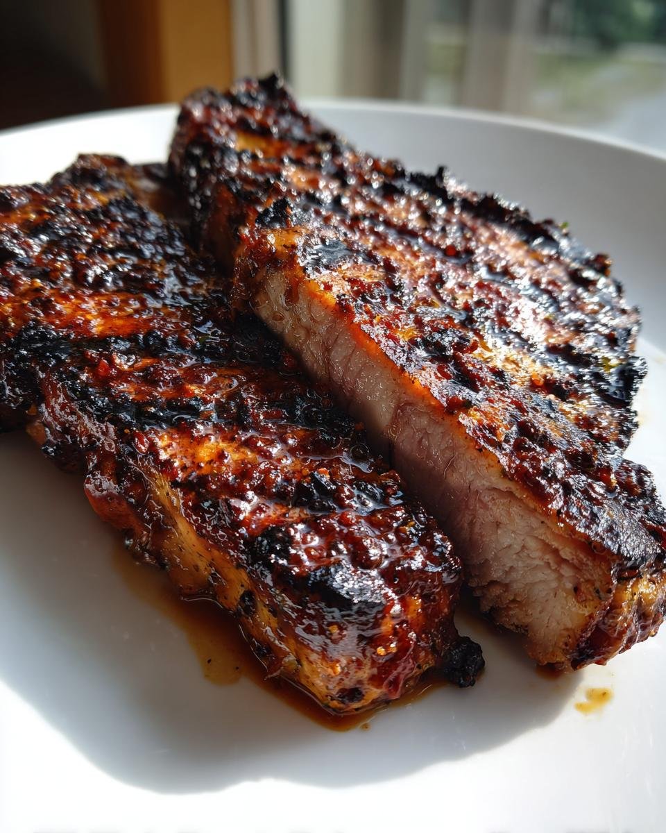 Nahaufnahme von zwei saftigen Jerk Sauce Grilled Pork Chops auf einem wei&szlig;en Teller, eines angeschnitten.