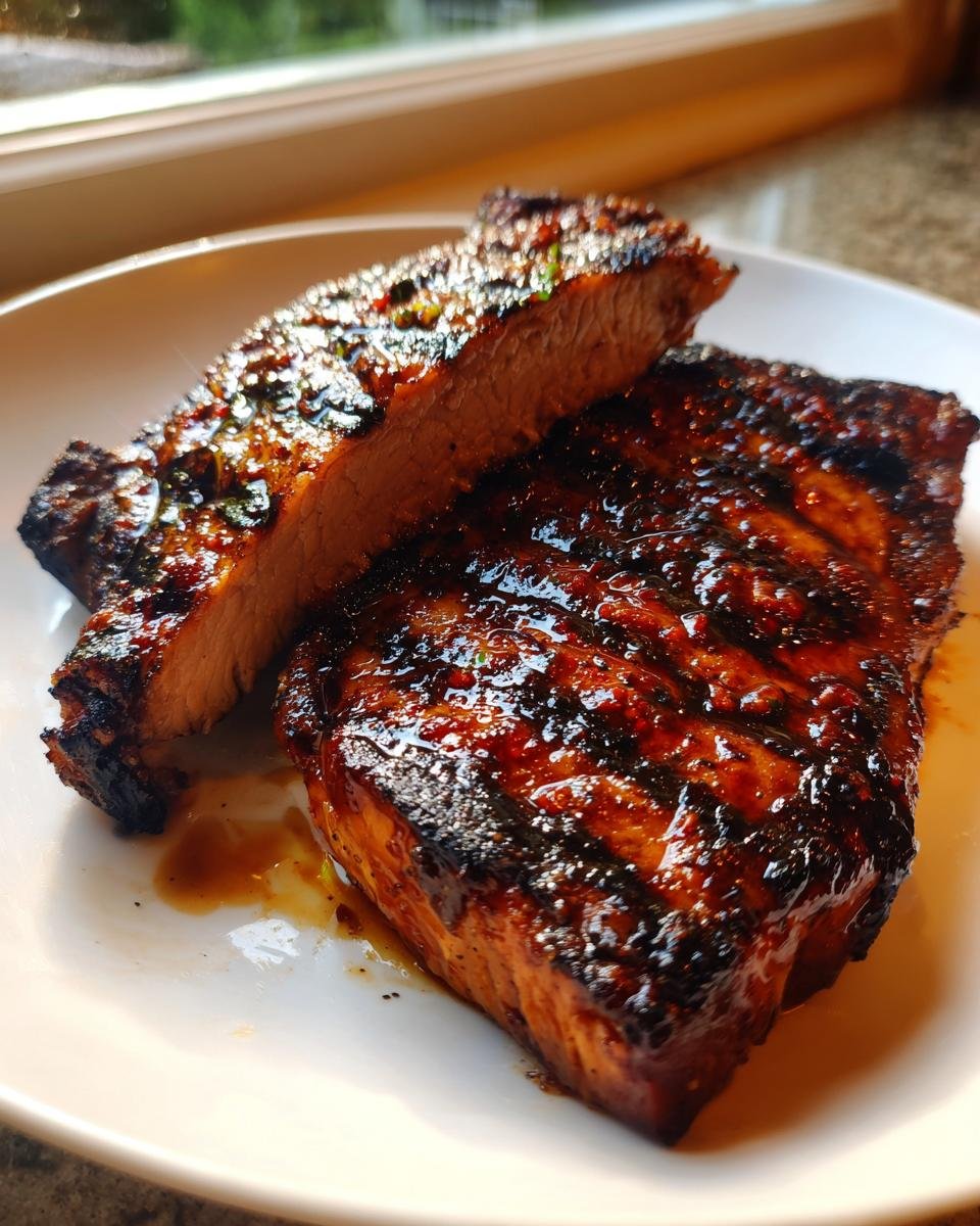 Nahaufnahme von saftigen Jerk Sauce Grilled Pork Chops, eines davon angeschnitten.