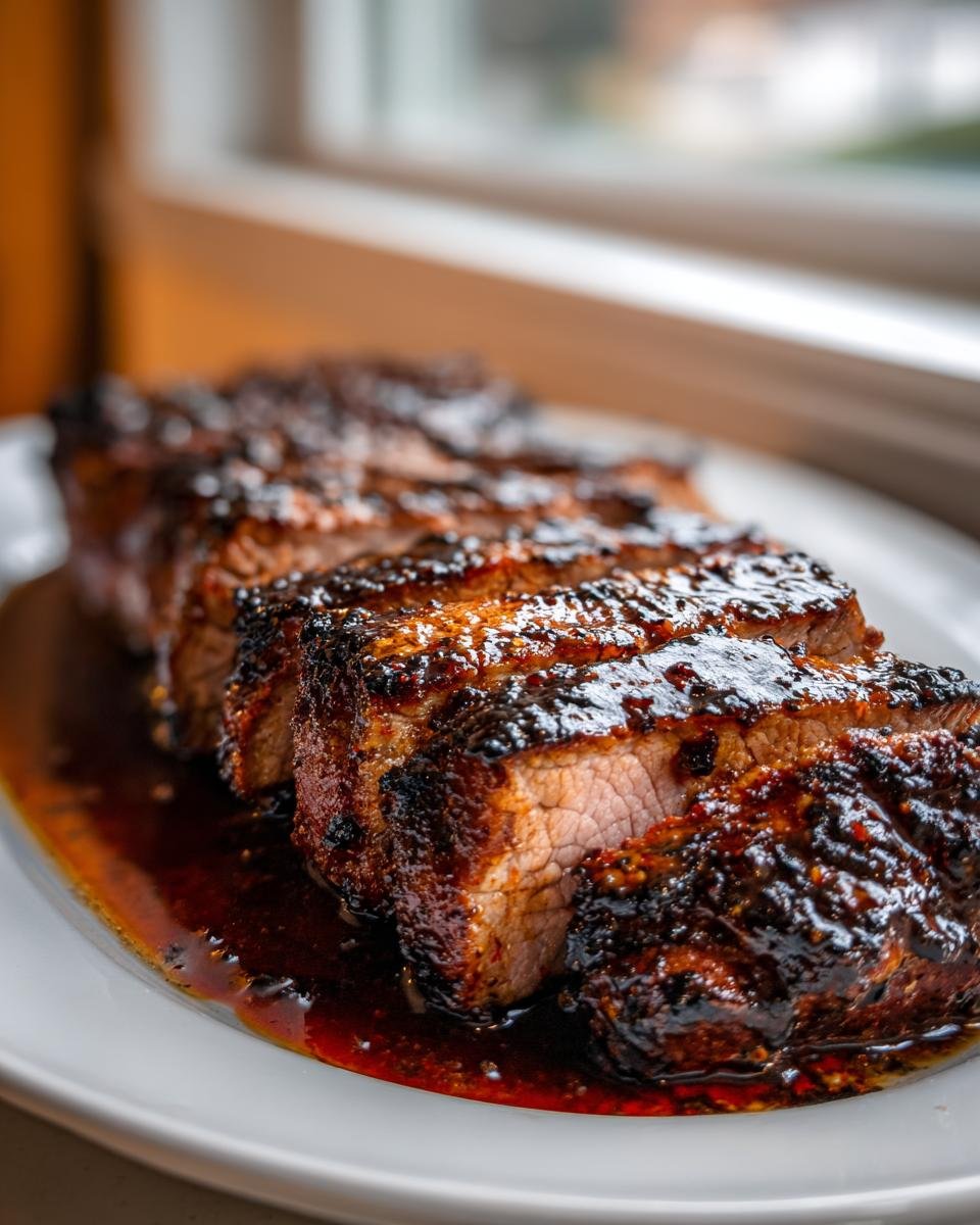 Nahaufnahme von aufgeschnittenen Jerk Sauce Grilled Pork Chops mit gl&auml;nzender Marinade auf einem wei&szlig;en Teller.