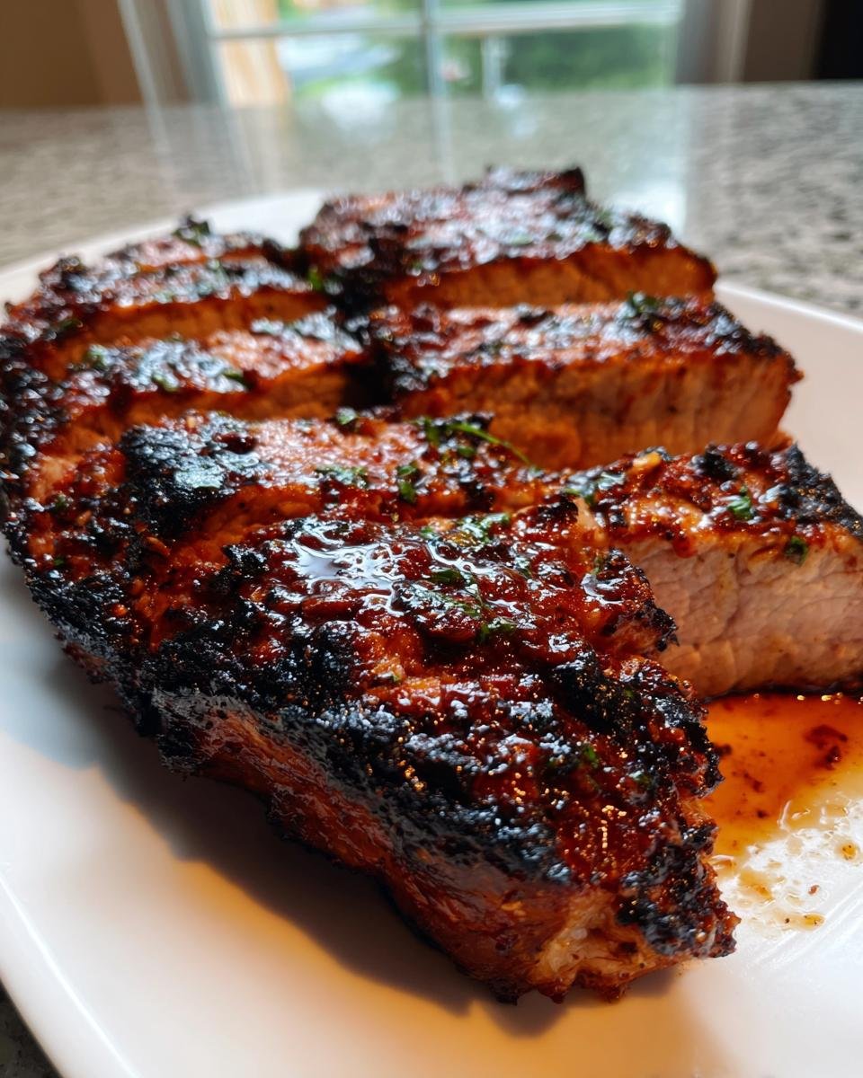 Aufgeschnittene, glasierte Jerk Sauce Grilled Pork Chops auf einem wei&szlig;en Teller.