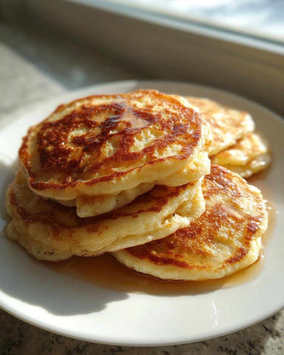 Ein Stapel goldbrauner Jiffy Cornbread Pancakes, beträufelt mit Sirup, auf einem weißen Teller.