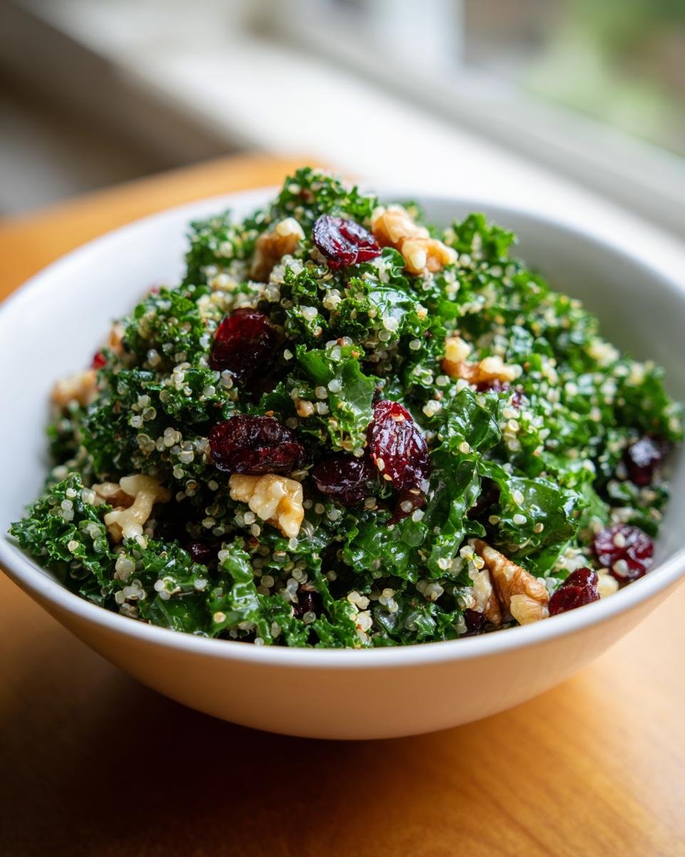 Nahaufnahme eines Kale Quinoa Salat in einer wei&szlig;en Sch&uuml;ssel, garniert mit getrockneten Cranberrys und Waln&uuml;ssen.